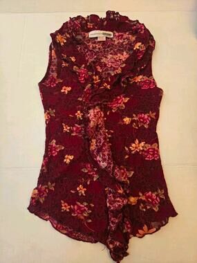 Necessary Objects Burgundy Floral Lace Sheer V-Neck Ruffle Y2K Vintage Blouse